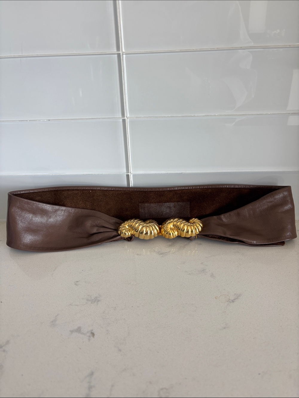 Emmanuel Vintage Brown Leather Women’s Waist Belt with Gold Shell Buckle